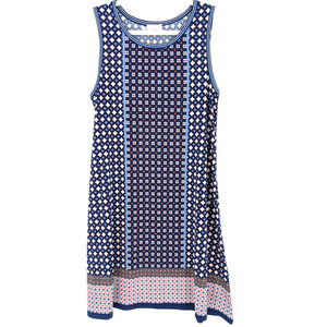 Max Studio Navy Geometric Floral Print Maximalist Jersey‎ A Line Artsy Dress LRG